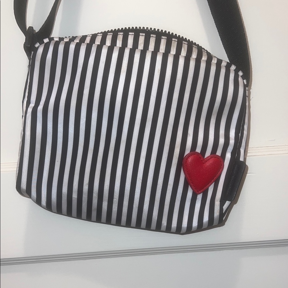 Lulu Guinness Black and White Striped Crossbody with Red Heart